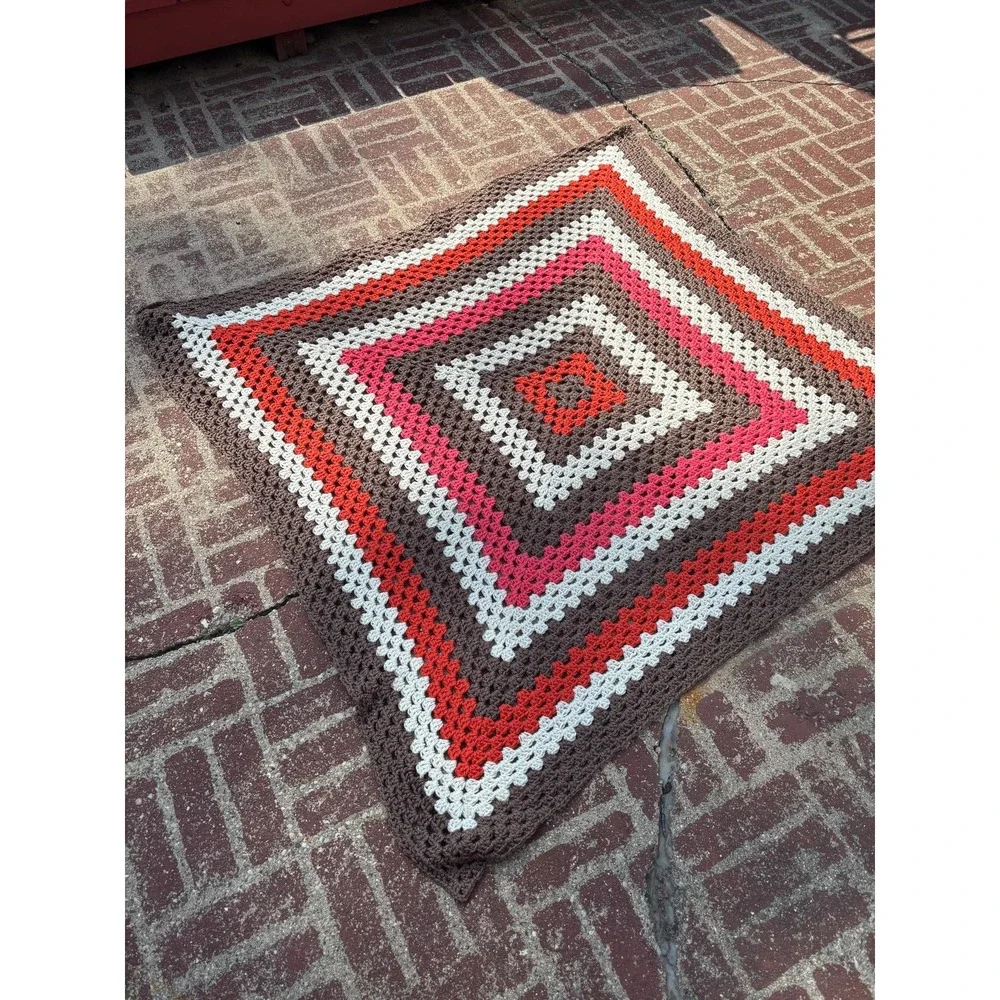 Handmade Granny Square Crochet Blanket Brown Red Pink Retro Throw 4.5ft Square